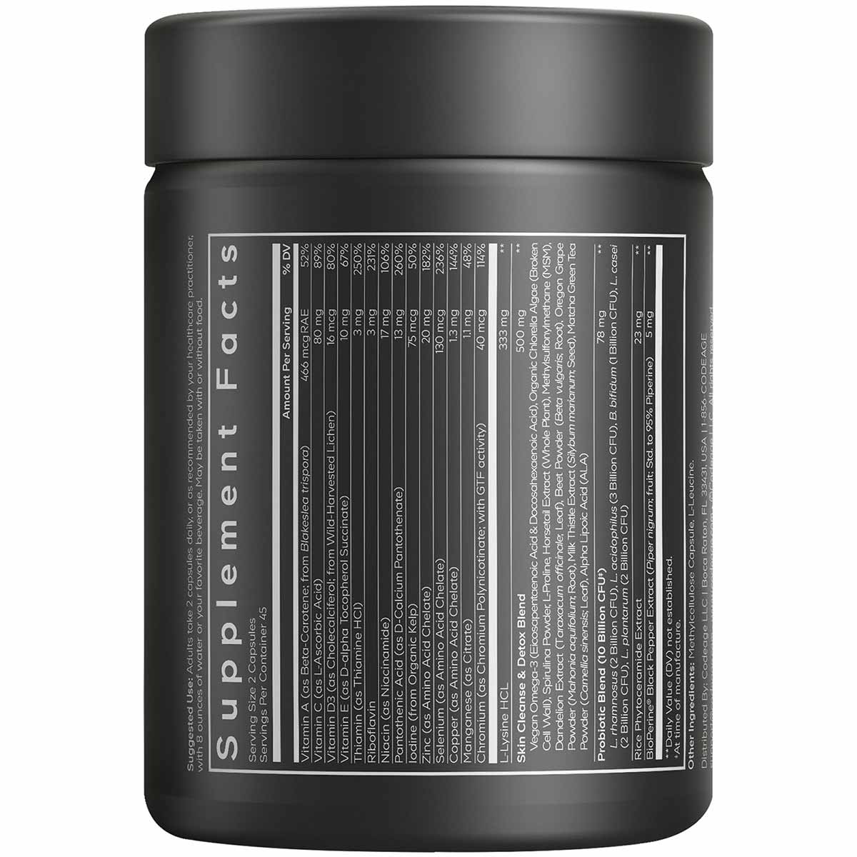 Black cylindrical vitamin supplement bottle with black screw cap and white supplement facts label on front.
