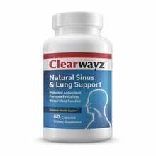White bottle with red and blue label reading "Clearwayz Natural Sinus & Lung Support, 60 Capsules, Dietary Supplement" with r