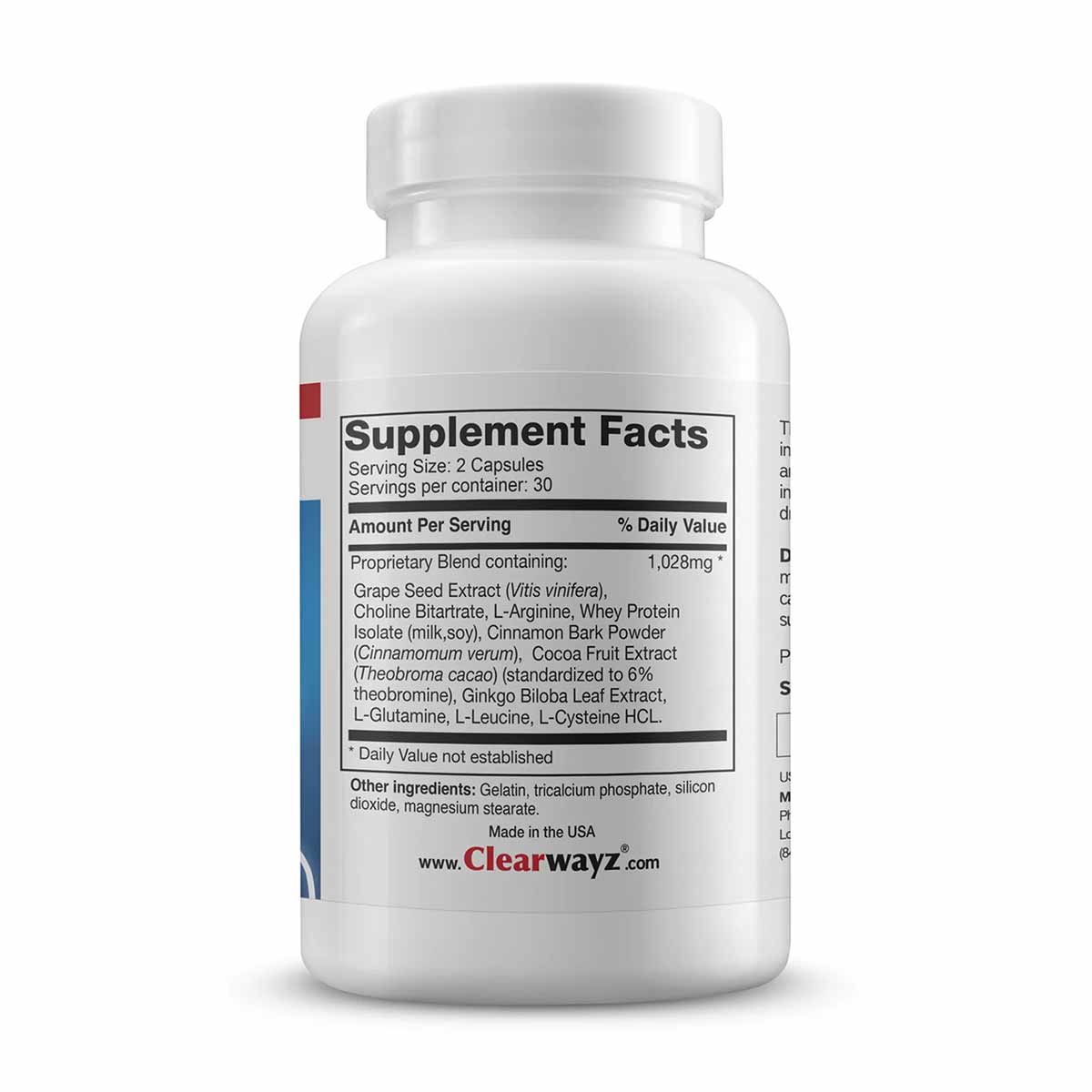 White supplement bottle with Clearwayz label displaying Supplement Facts panel and ingredient list.