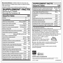 Bottle label showing supplement facts for Clinical Essentials Multi-Vitamin & Minerals tablets with ingredients and dosage in