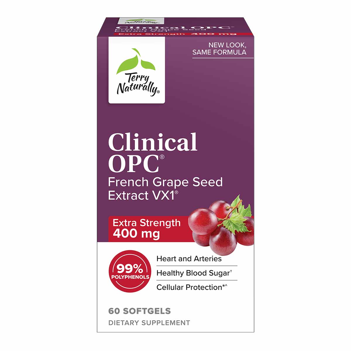 Purple bottle of Terry Naturally Clinical OPC French Grape Seed Extract 400mg, 60 softgels.