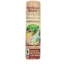 Badger Vanilla Bean Cocoa Butter Lip Balm in a twist-up tube with peeling label and USDA organic seal.