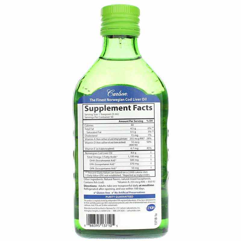 Cod Liver Oil 1100 Mg Omega-3s Liquid, Green Apple, 8.4 Oz, by Carlson Labs, image #2