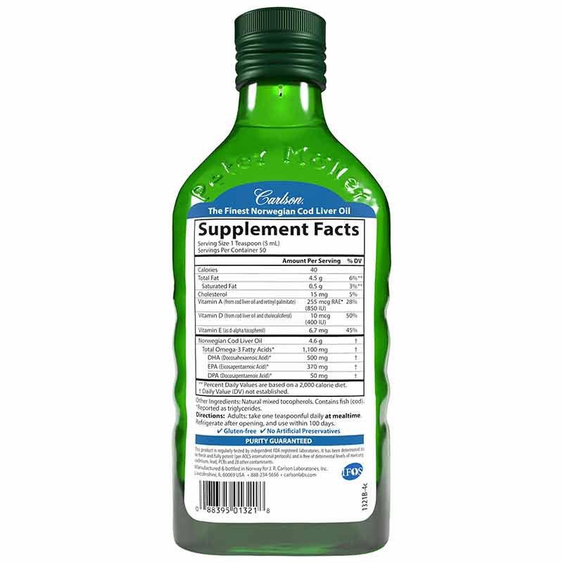 Cod Liver Oil 1100 Mg Omega-3s Liquid, Unflavored, 8.4 Oz, by Carlson Labs, image #2