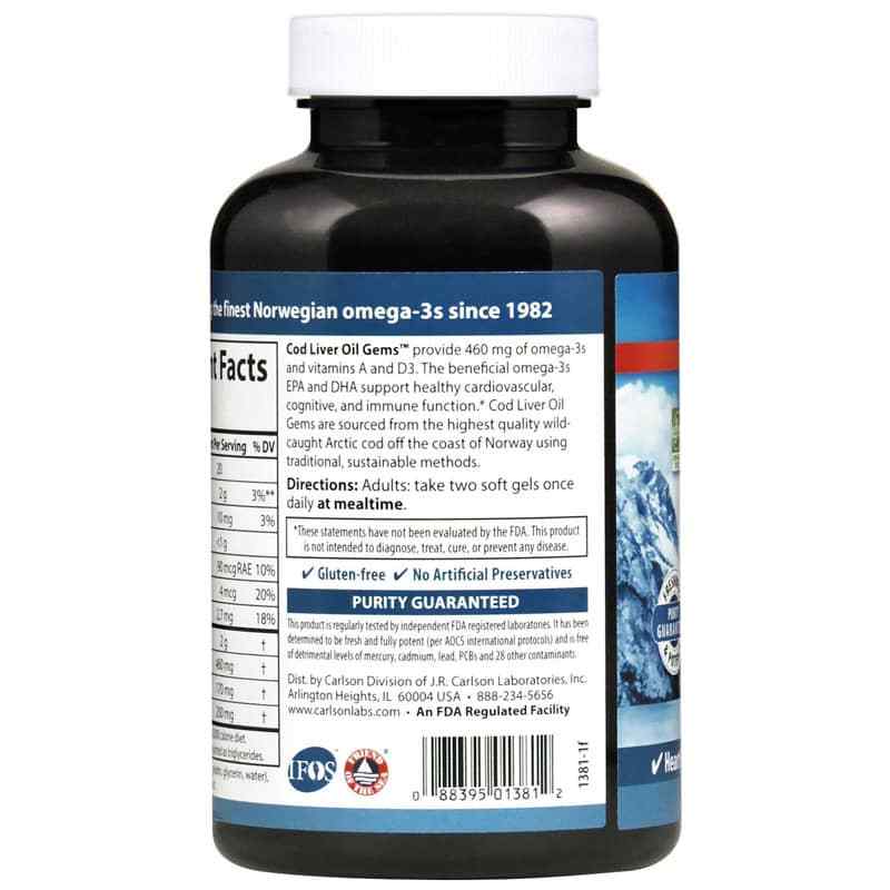 Cod Liver Oil Gems 460 Mg Omega-3s with Natural Lemon Flavor, 150 Softgels, by Carlson Labs, image #3