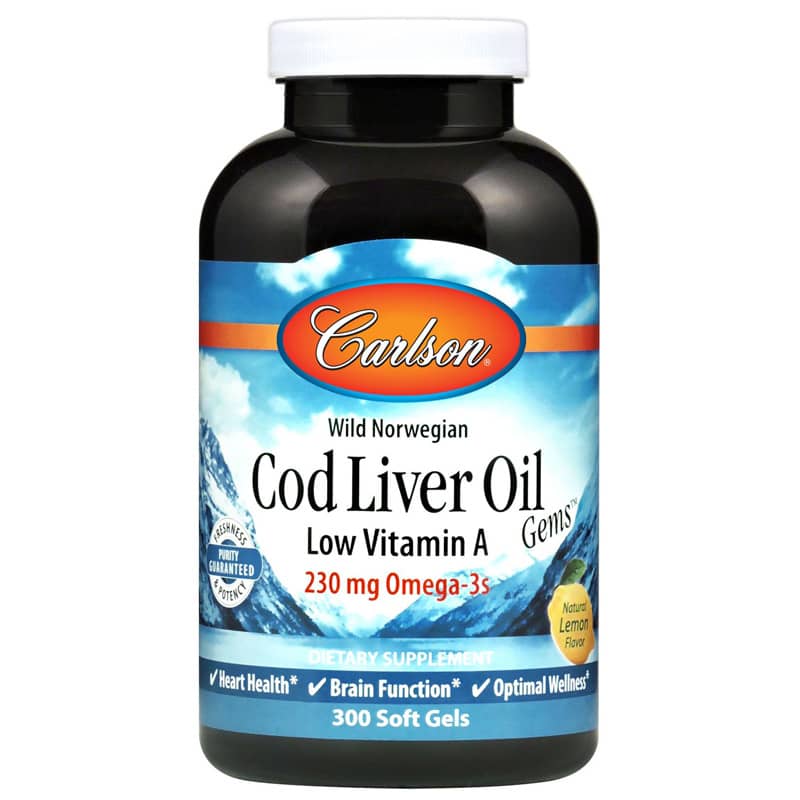 Cod Liver Oil Omega-3s Low Vitamin A Formula with Natural Lemon Flavor, 300 Softgels, by Carlson Labs