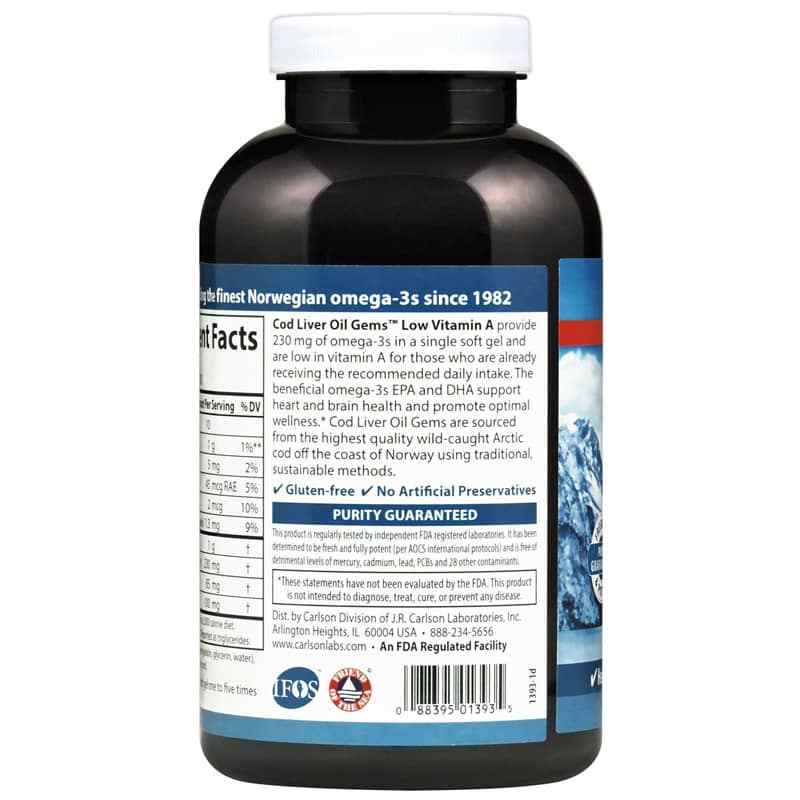 Cod Liver Oil Omega-3s Low Vitamin A Formula with Natural Lemon Flavor, 300 Softgels, by Carlson Labs, image #3