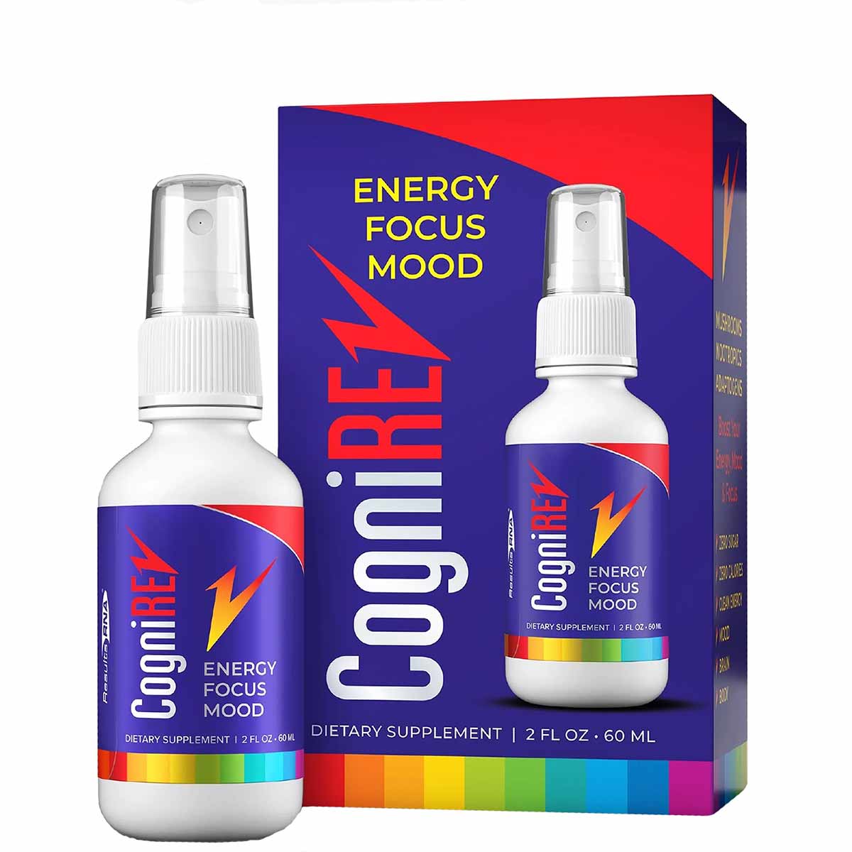 CogniREV spray bottle and box with red and blue design, 2 fl oz size, dietary supplement for energy and focus.