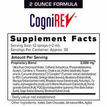 CogniREV 2 ounce formula bottle label showing supplement facts with proprietary blend ingredients including caffeine, L-thean