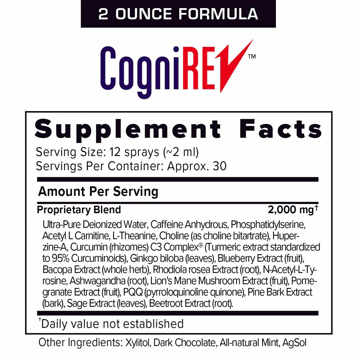 CogniREV 2 ounce formula bottle label showing supplement facts with proprietary blend ingredients including caffeine, L-thean