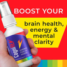 White spray bottle with blue label and white pump top held in hand against red and yellow background.
