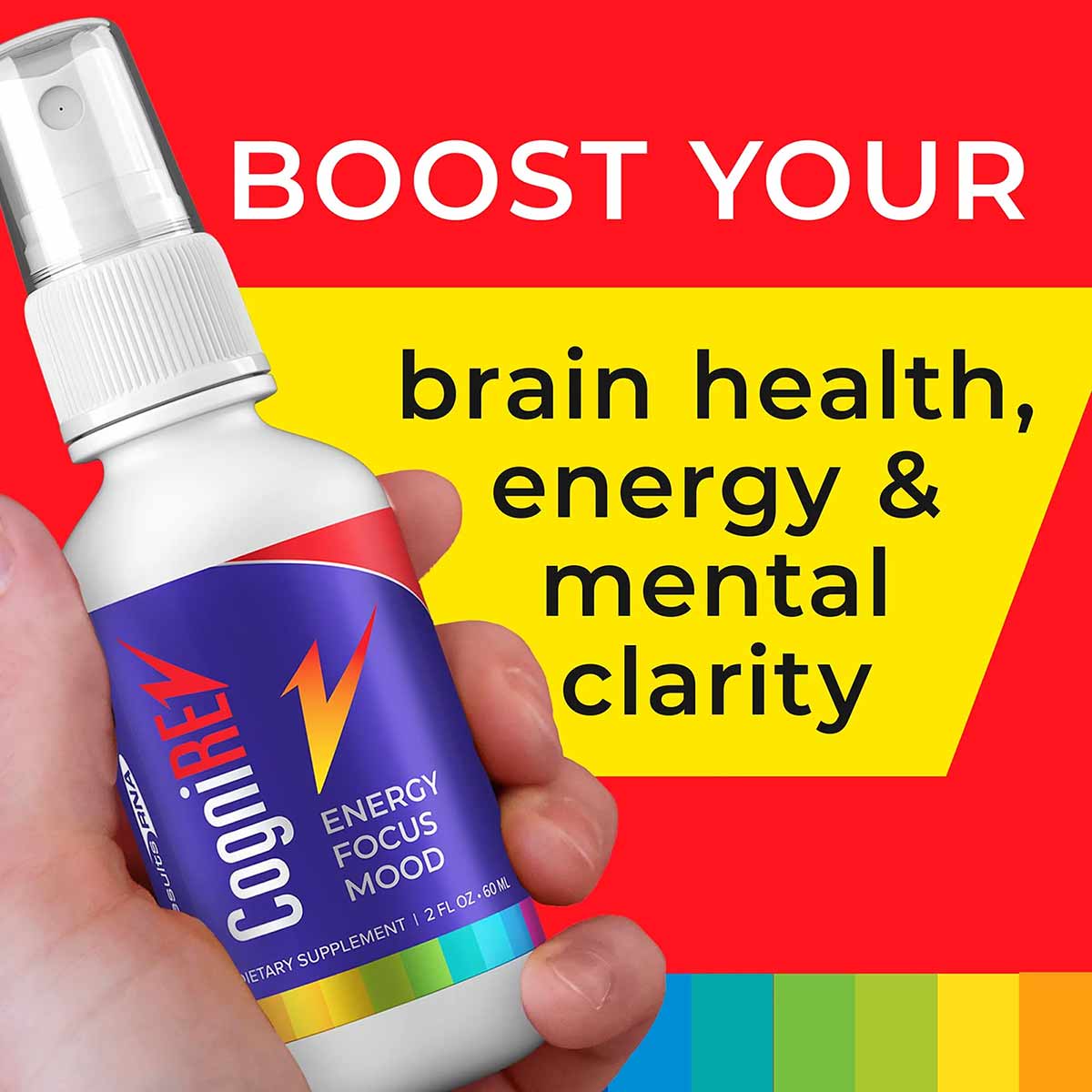 White spray bottle with blue label and white pump top held in hand against red and yellow background.