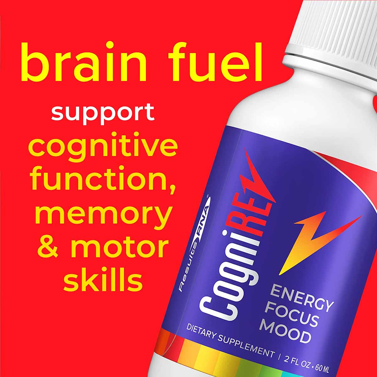 CogniREV 2 oz bottle by Results RNA with purple label and red background displaying product information.