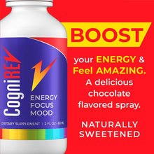 CogniREV 2 oz bottle with white cap, purple label with lightning bolt, and rainbow stripe band on red background.