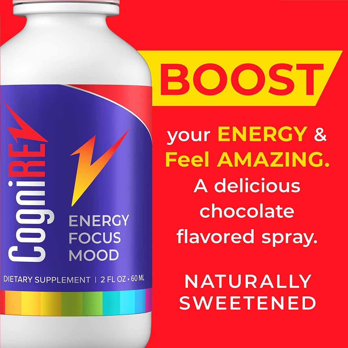 CogniREV 2 oz bottle with white cap, purple label with lightning bolt, and rainbow stripe band on red background.