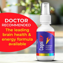 CogniREV 2 oz spray bottle with white pump top, purple and red label with lightning bolt design, on blurred garden background