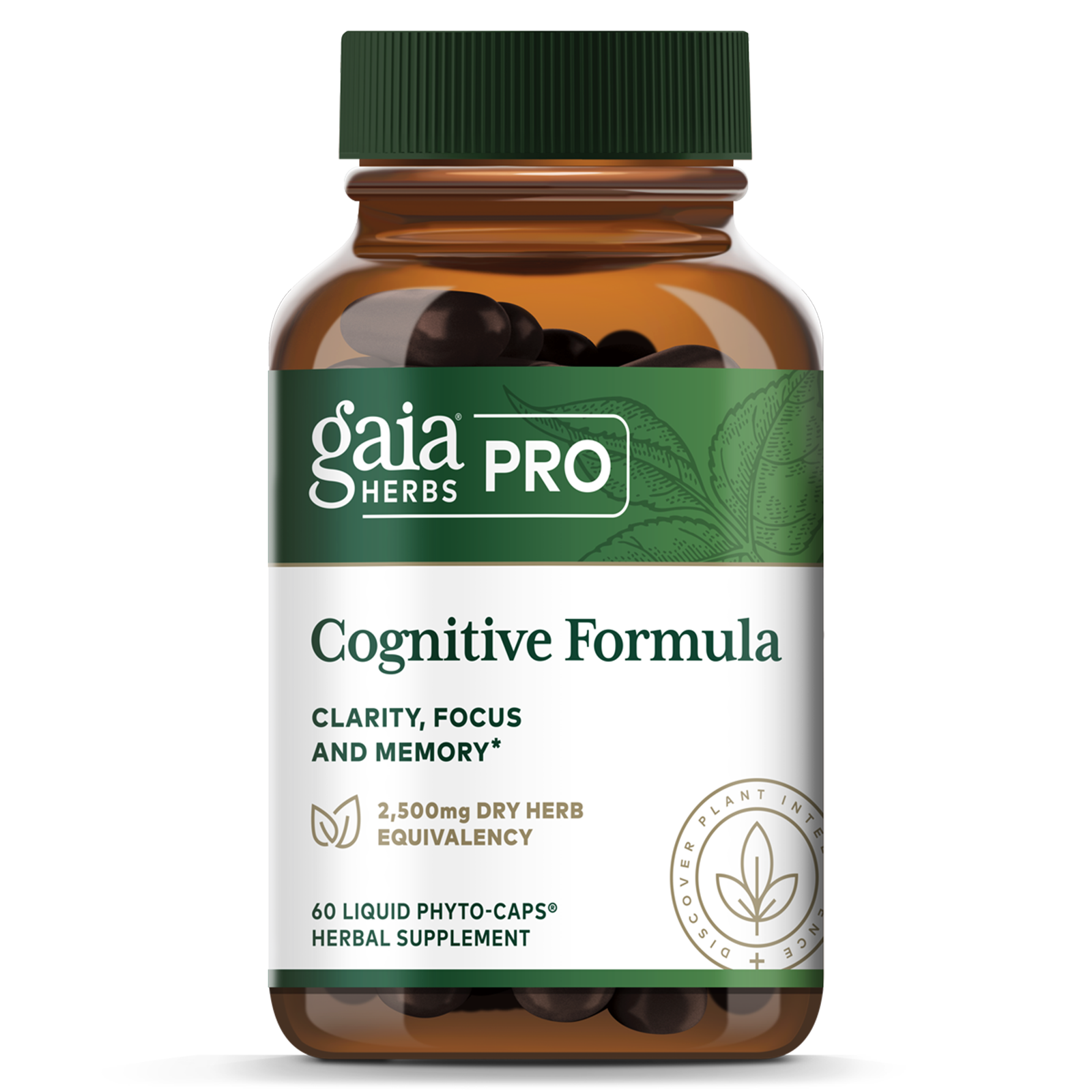 Gaia Herbs Pro Cognitive Formula bottle with green cap containing dark liquid phyto-capsules.
