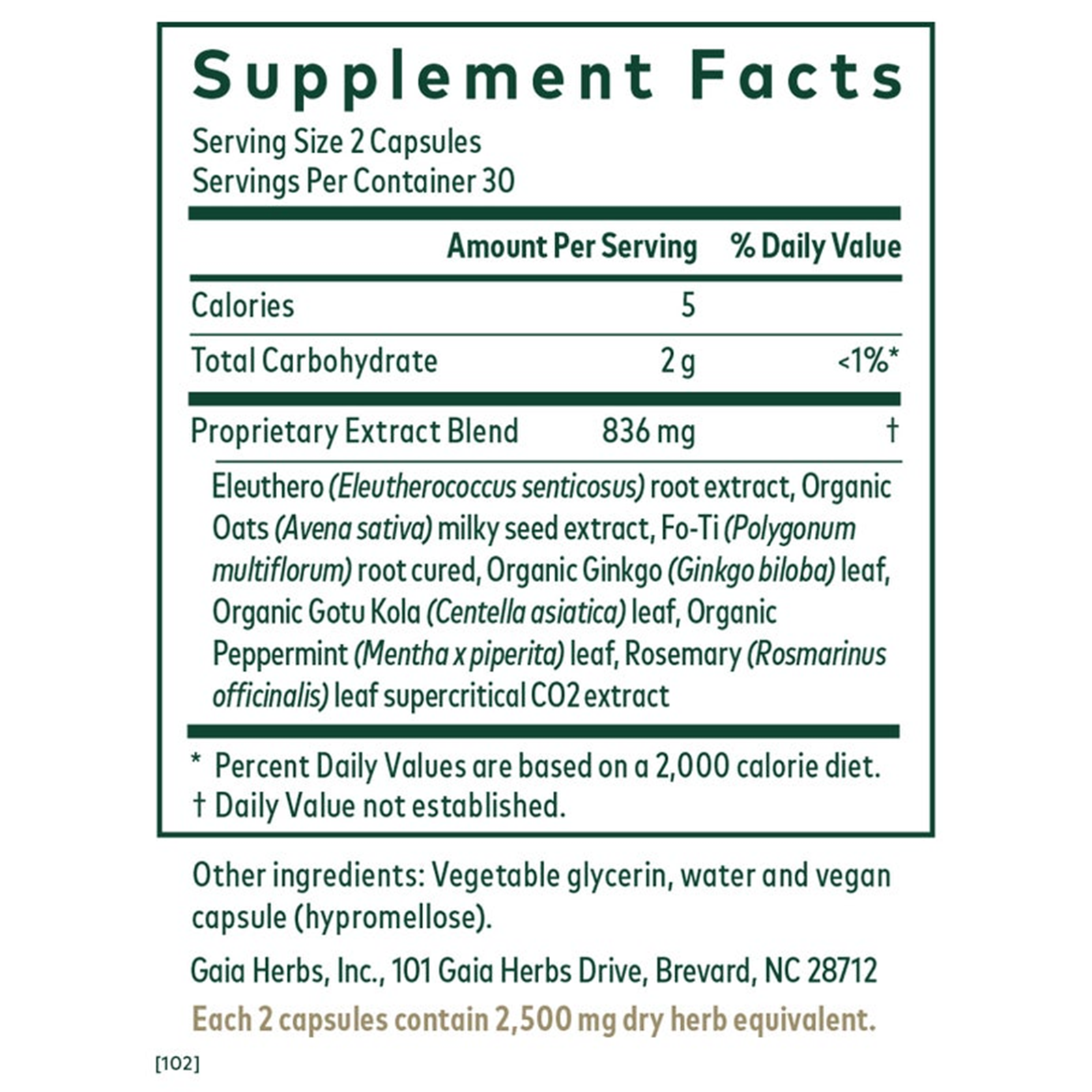 Supplement facts label for Gaia Herbs Pro Cognitive Formula showing serving size, ingredients, and nutritional information.