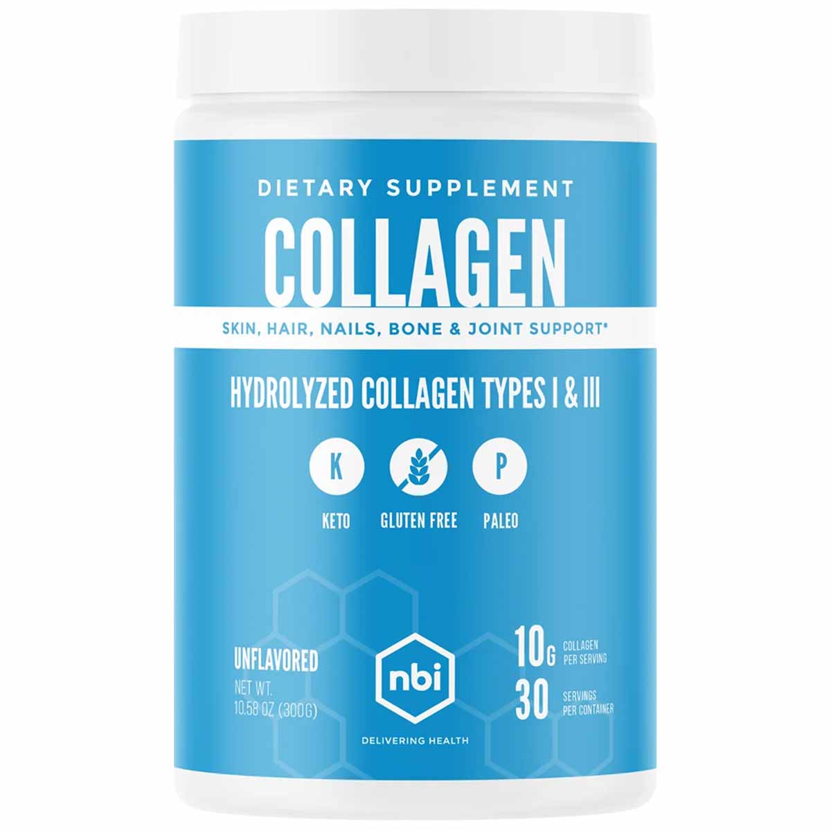 NBI collagen powder in blue container with white cap labeled dietary supplement, unflavored, 10.58 oz.
