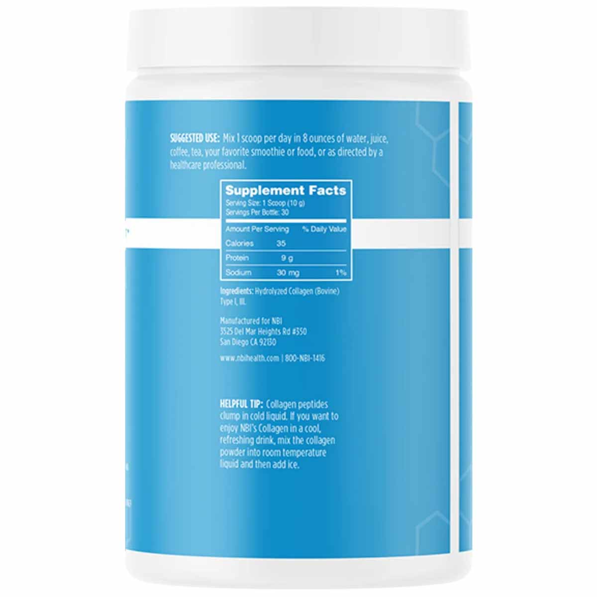NBI collagen powder in white and blue container with supplement facts label and usage instructions visible.