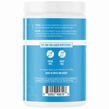 White cylindrical container with blue label displaying NBI Collagen powder, 10.58 oz, marked sugar-free and dairy-free.