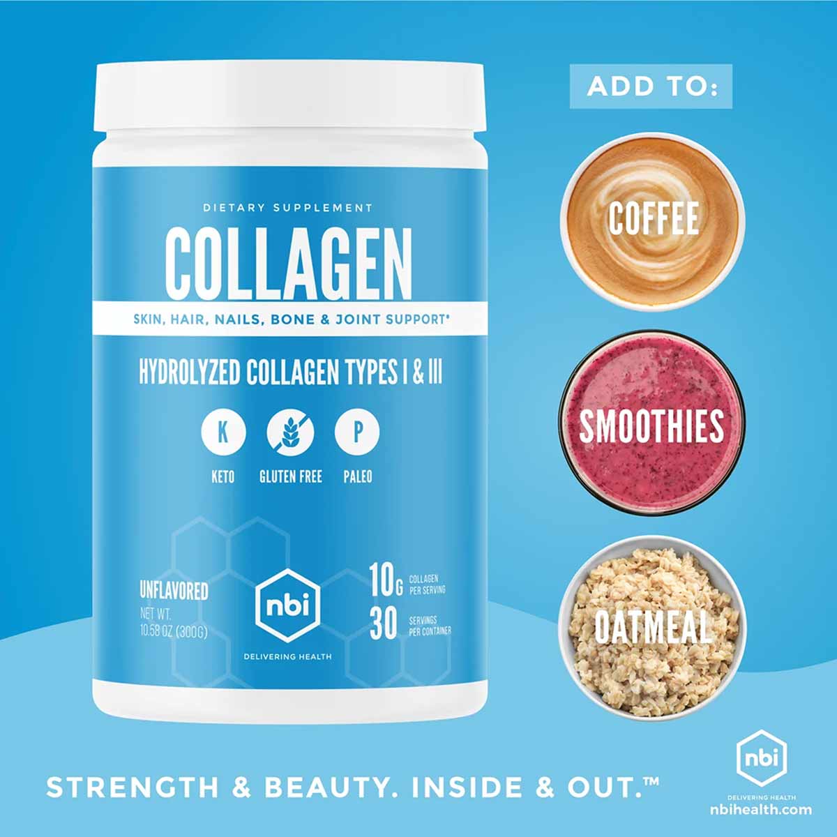 Blue and white NBI collagen powder container with white cap, 10.58 oz, labeled for skin, hair, nails, bone and joint support.