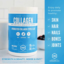 Blue container of NBI hydrolyzed collagen powder with white label, 10.58 oz unflavored dietary supplement.