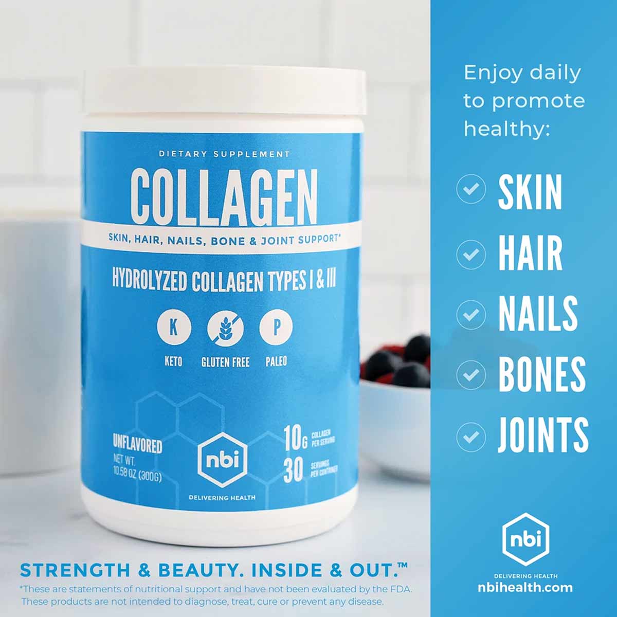 Blue container of NBI hydrolyzed collagen powder with white label, 10.58 oz unflavored dietary supplement.