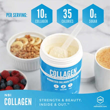 Blue and white collagen powder container with open lid showing cream-colored powder, surrounded by berries and food preparati