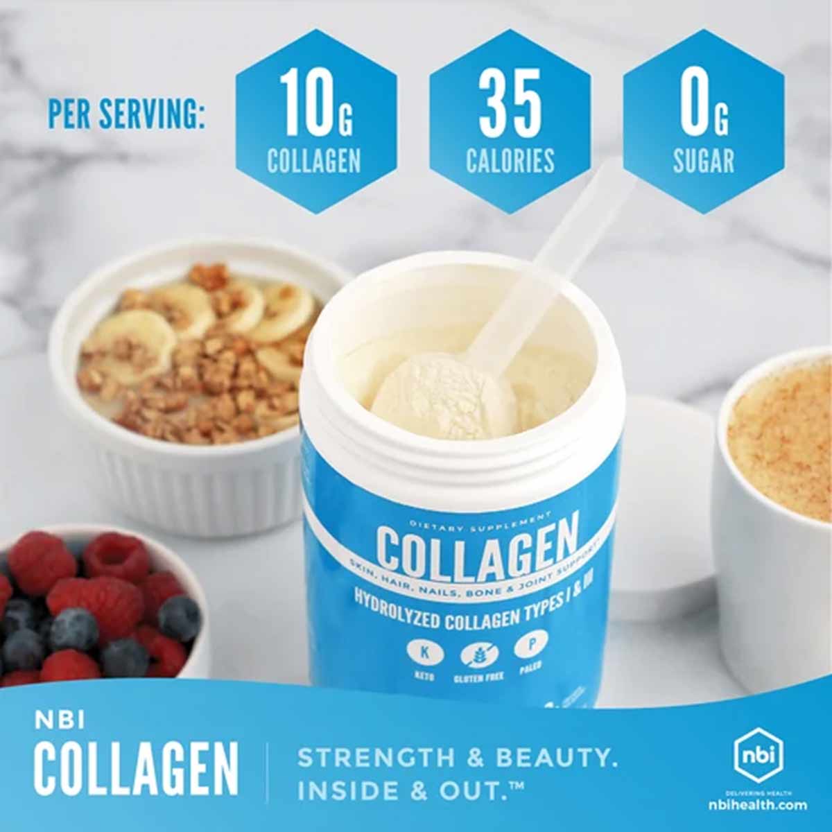 Blue and white collagen powder container with open lid showing cream-colored powder, surrounded by berries and food preparati