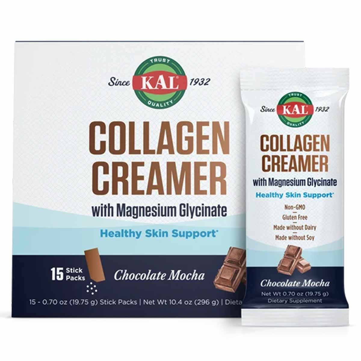 Kal Collagen Creamer stick packs in Chocolate Mocha flavor with box and individual packet displayed.