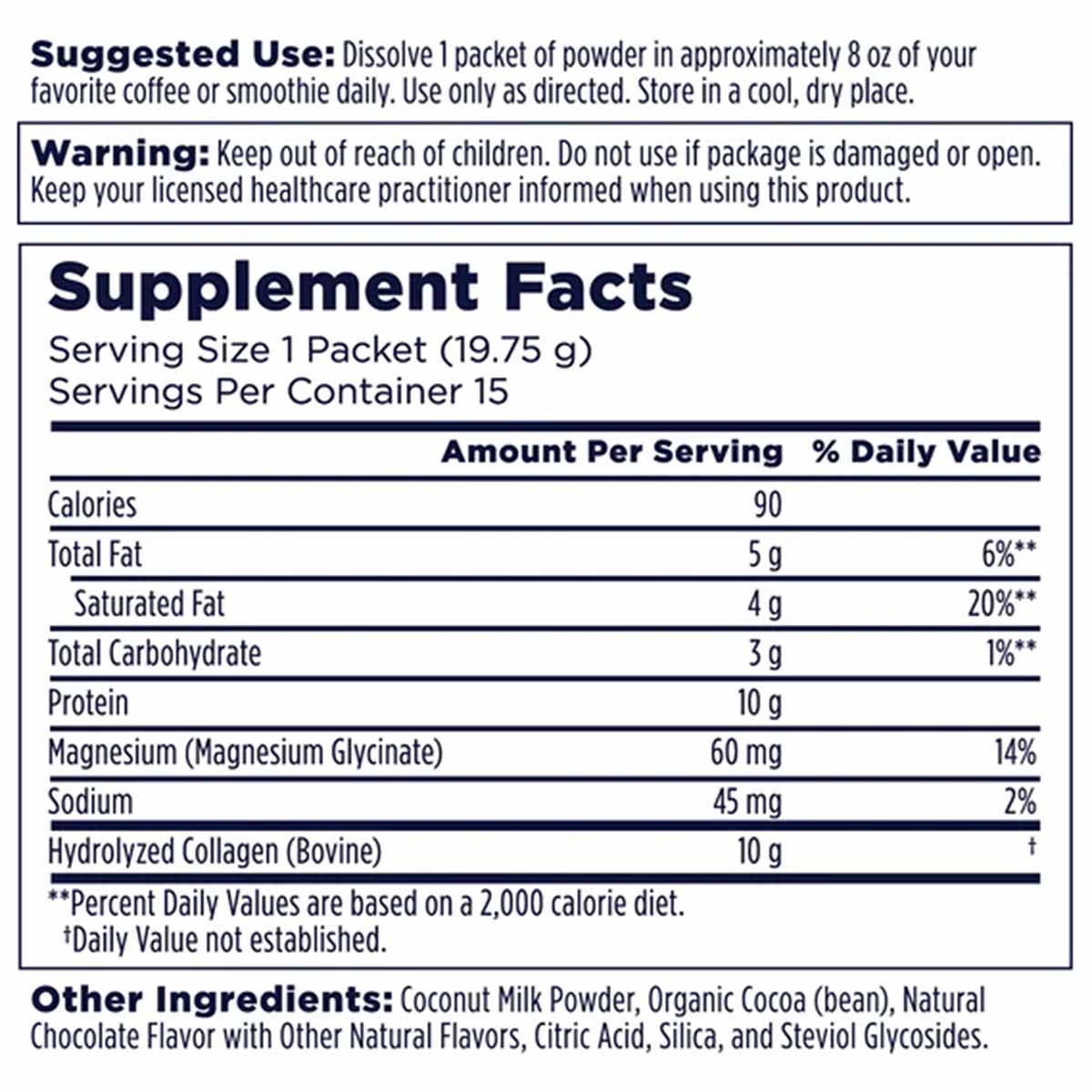 Supplement Facts label for collagen creamer stick packs showing nutrition information, ingredients, and usage instructions.