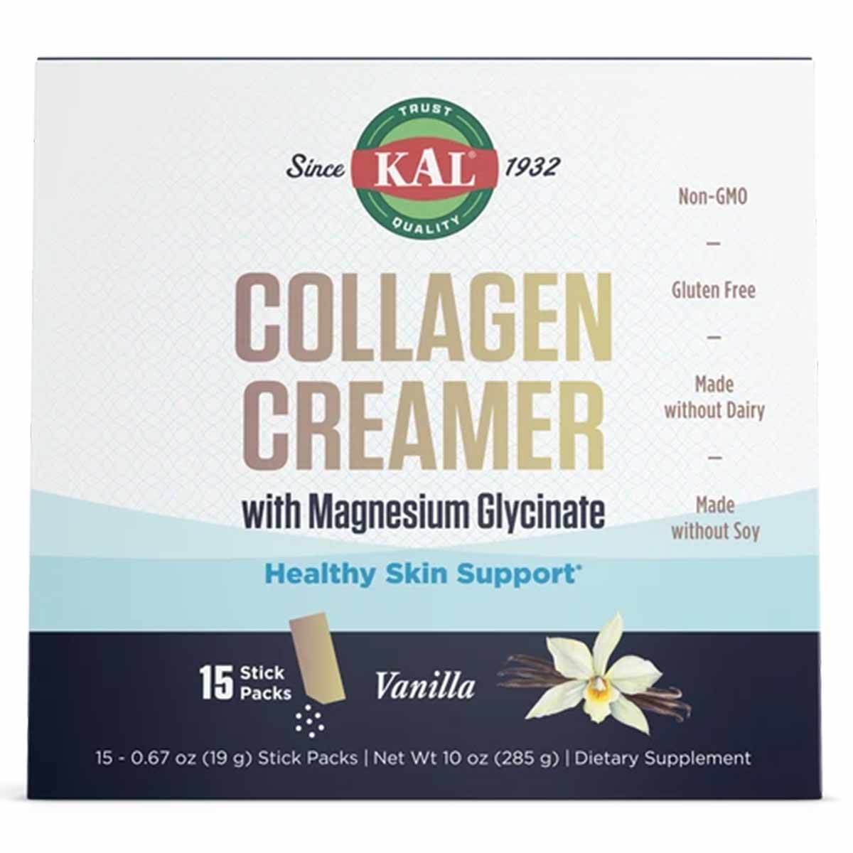 Kal collagen creamer stick pack box with vanilla flavor, 15 individual packets, non-GMO and gluten free.