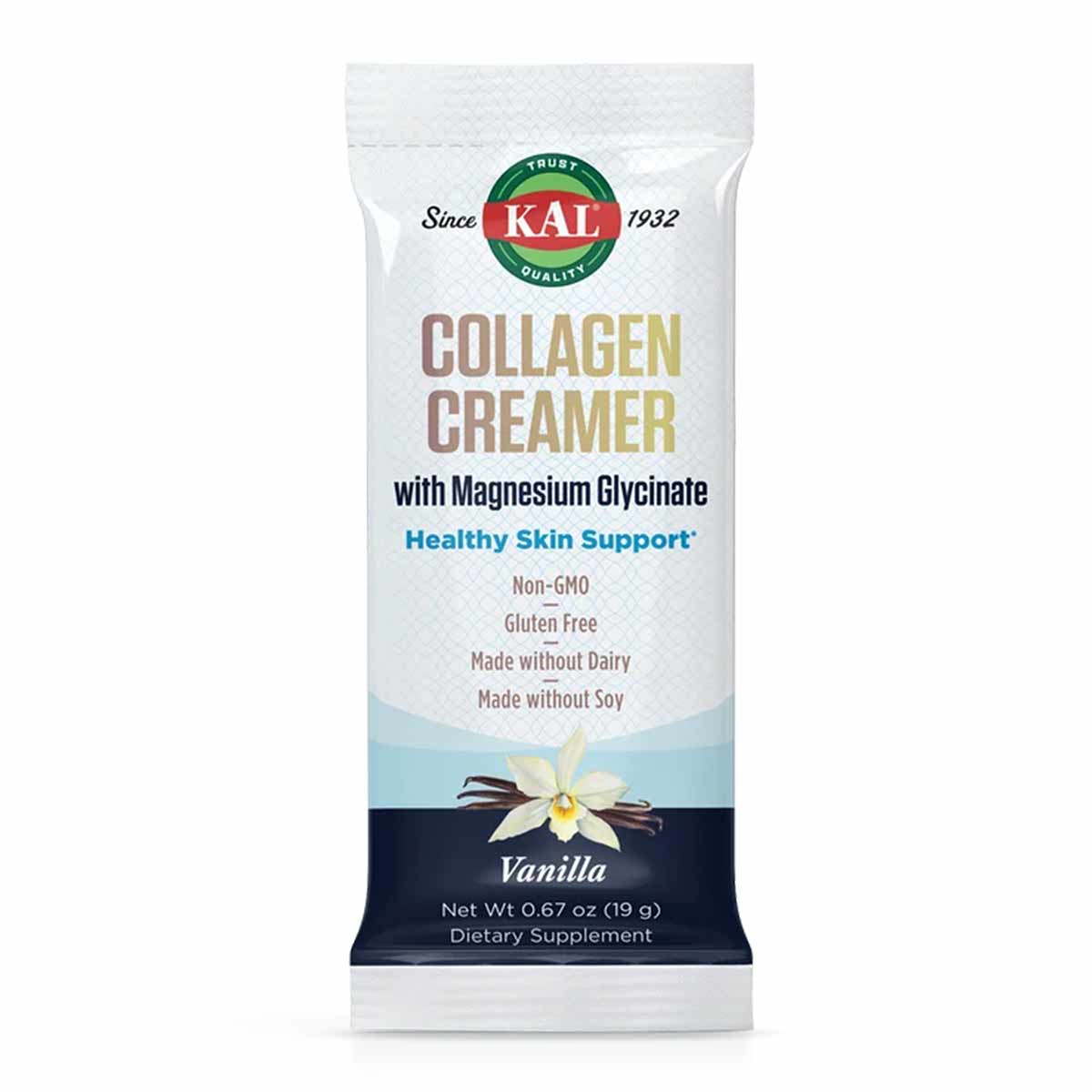 Kal Collagen Creamer vanilla stick pack with magnesium glycinate, 0.67 oz dietary supplement.