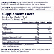 Supplement Facts label showing Collagen Creamer Stick Pack nutrition information, ingredients, and usage instructions.