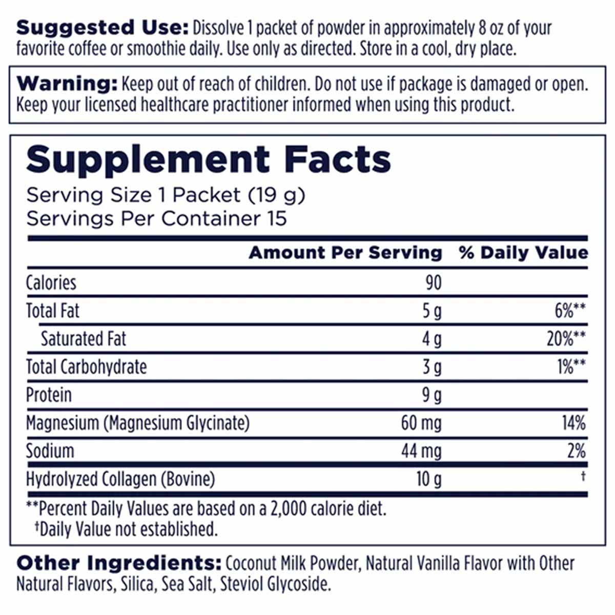 Supplement Facts label showing Collagen Creamer Stick Pack nutrition information, ingredients, and usage instructions.