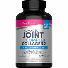 Black NeoCell bottle with pink and blue label for Advanced Joint Complex Collagen 2 with Hyaluronic Acid, 120 capsules.
