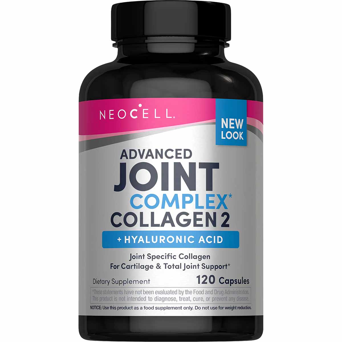 Black NeoCell bottle with pink and blue label for Advanced Joint Complex Collagen 2 with Hyaluronic Acid, 120 capsules.