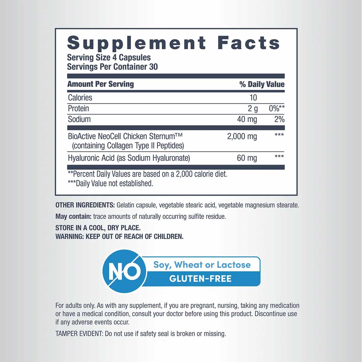 Supplement Facts label showing serving size of 4 capsules, 30 servings per container, with ingredients including BioActive Ne