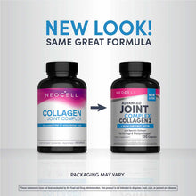Two NeoCell supplement bottles with black caps showing old and new packaging designs for Advanced Joint Complex with Collagen