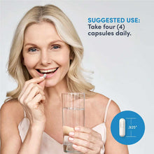 Woman holding a white capsule and glass of water with suggested use text and capsule size measurement displayed.
