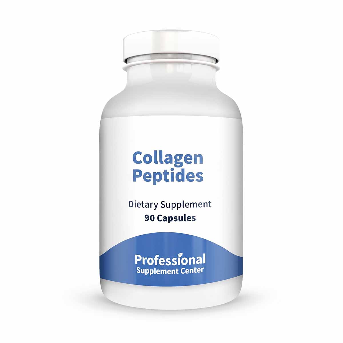White bottle of Collagen Peptides dietary supplement containing 90 capsules by Professional Supplement Center.