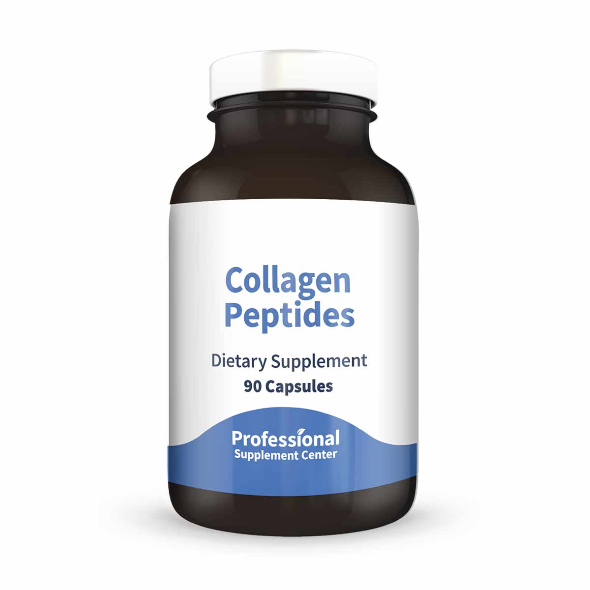 Black and white bottle labeled Collagen Peptides Dietary Supplement containing 90 capsules by Professional Supplement Center.