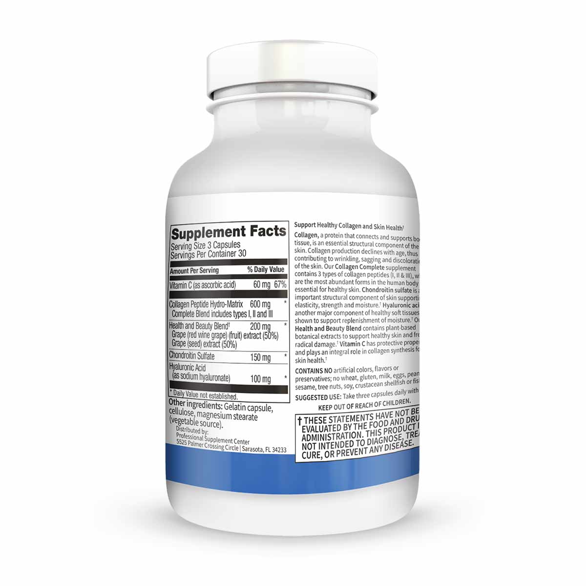 White bottle with blue band containing collagen peptides capsules and supplement facts label.