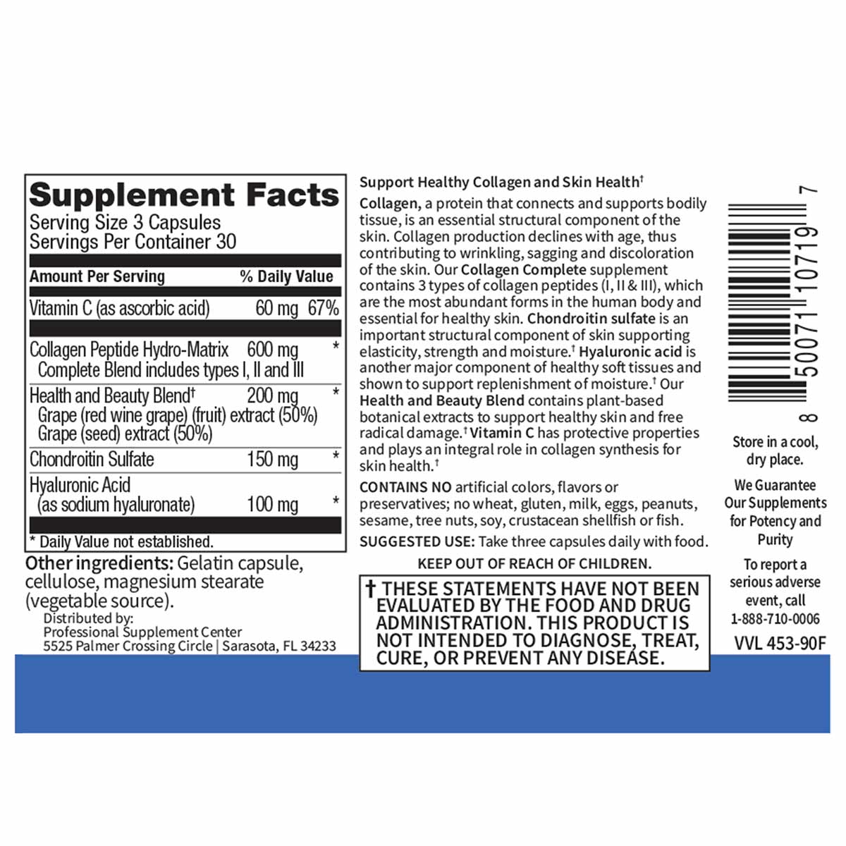 Collagen peptides supplement capsule label showing supplement facts, ingredients, and usage instructions.
