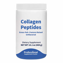 White plastic supplement jar labeled Collagen Peptides, grass-fed pasture raised unflavored, 14.1 oz, with white cap and blue