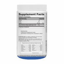 White plastic container of grass-fed bovine collagen peptides powder with supplement facts label and blue base.