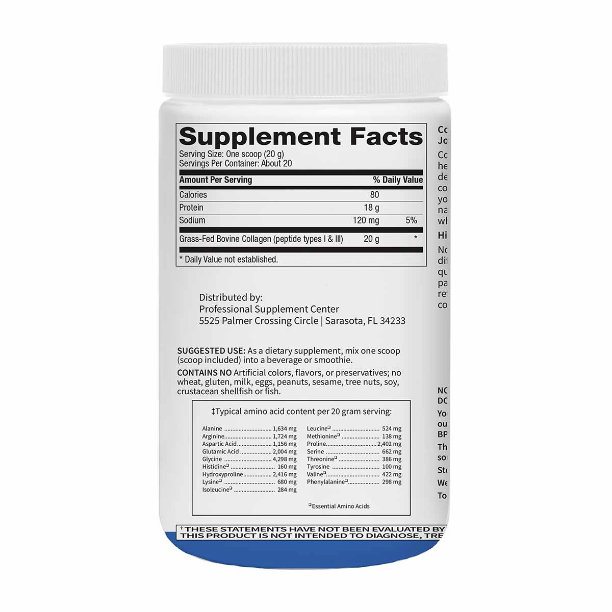 White plastic container of grass-fed bovine collagen peptides powder with supplement facts label and blue base.
