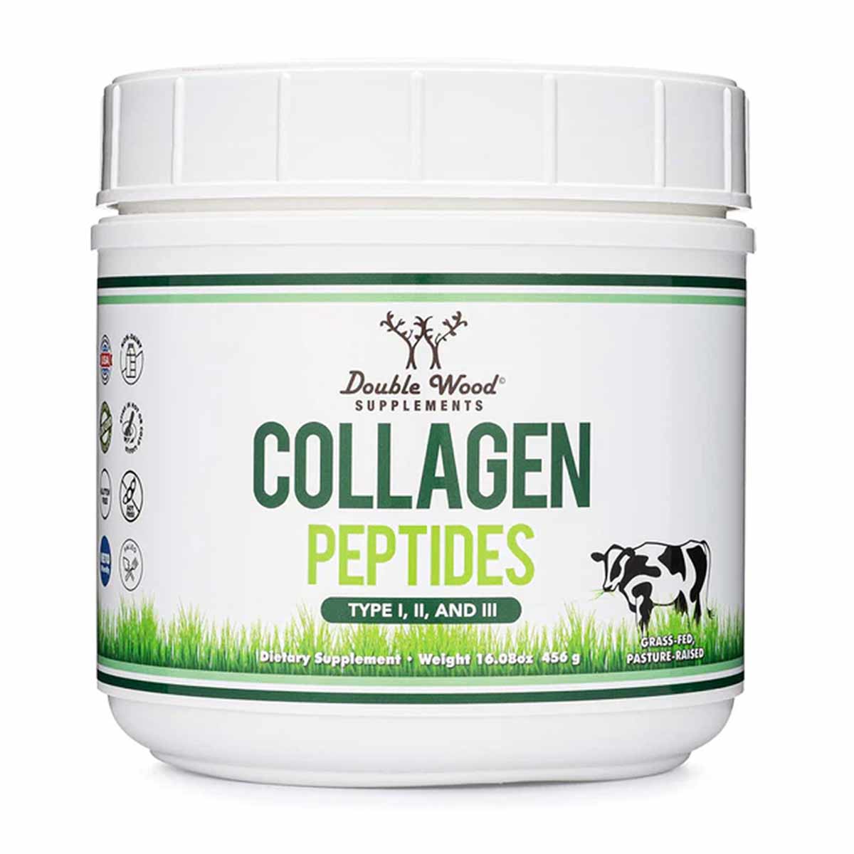White container of Double Wood Supplements collagen peptides powder with green label and cow illustration.