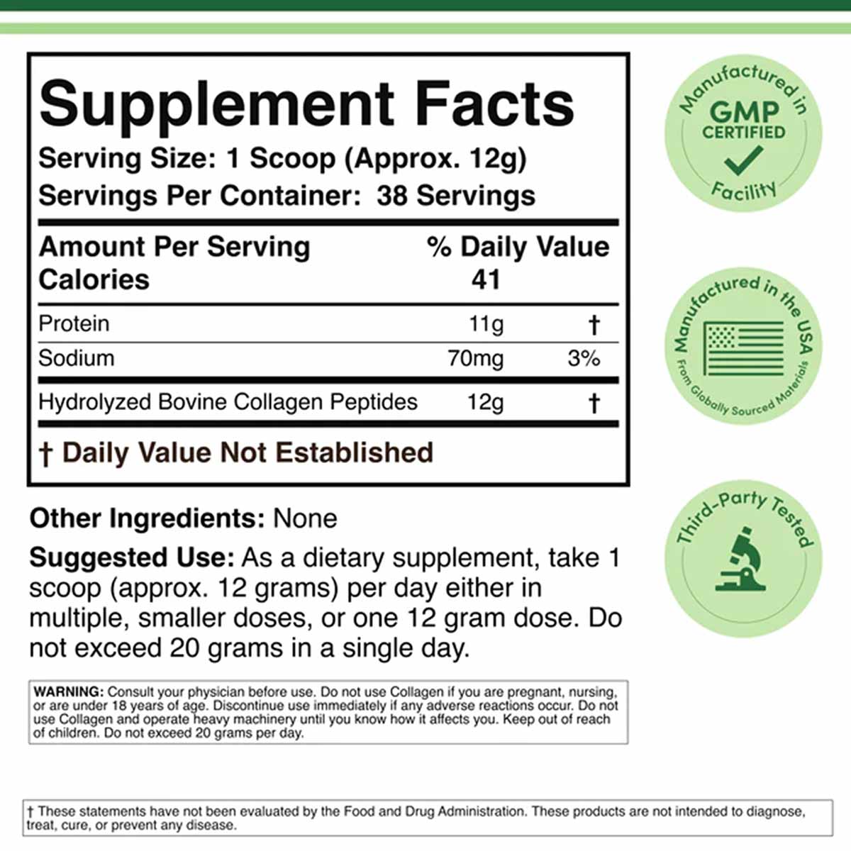 Supplement Facts label for collagen peptides powder showing 12g hydrolyzed bovine collagen per serving with GMP certified and